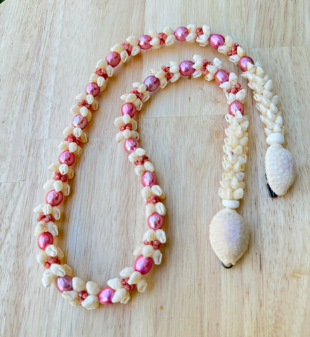 Niihau Pink Kahelelani + Pink Pearl Necklace (22”)