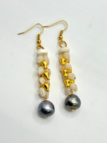 TAHITIAN PEARL NIIHAU + GOLD HELECONIA EARRINGS