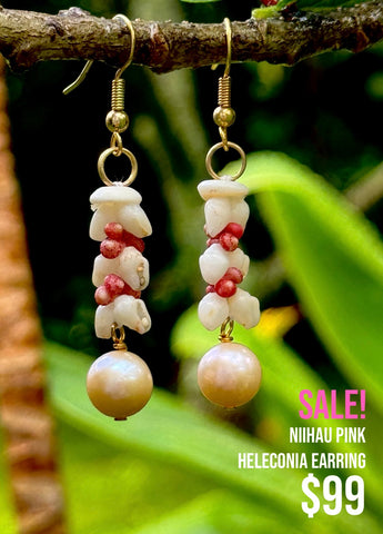 SALE $99 NIIHAU SHELL PEACH PEARL HELECONIA EARRING