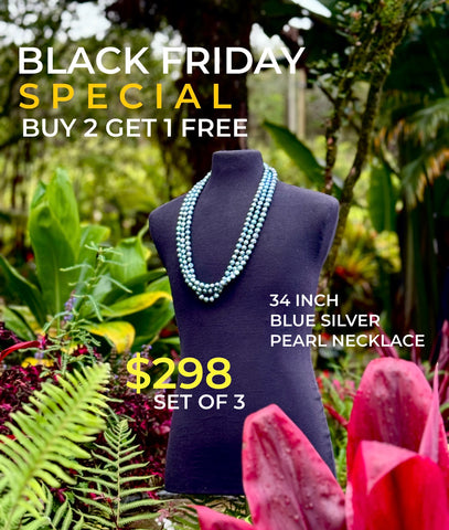 SALE! $298 • SET OF 3 • 34”  BLUE SILVER PEARL NECKLACES (10-13mm)